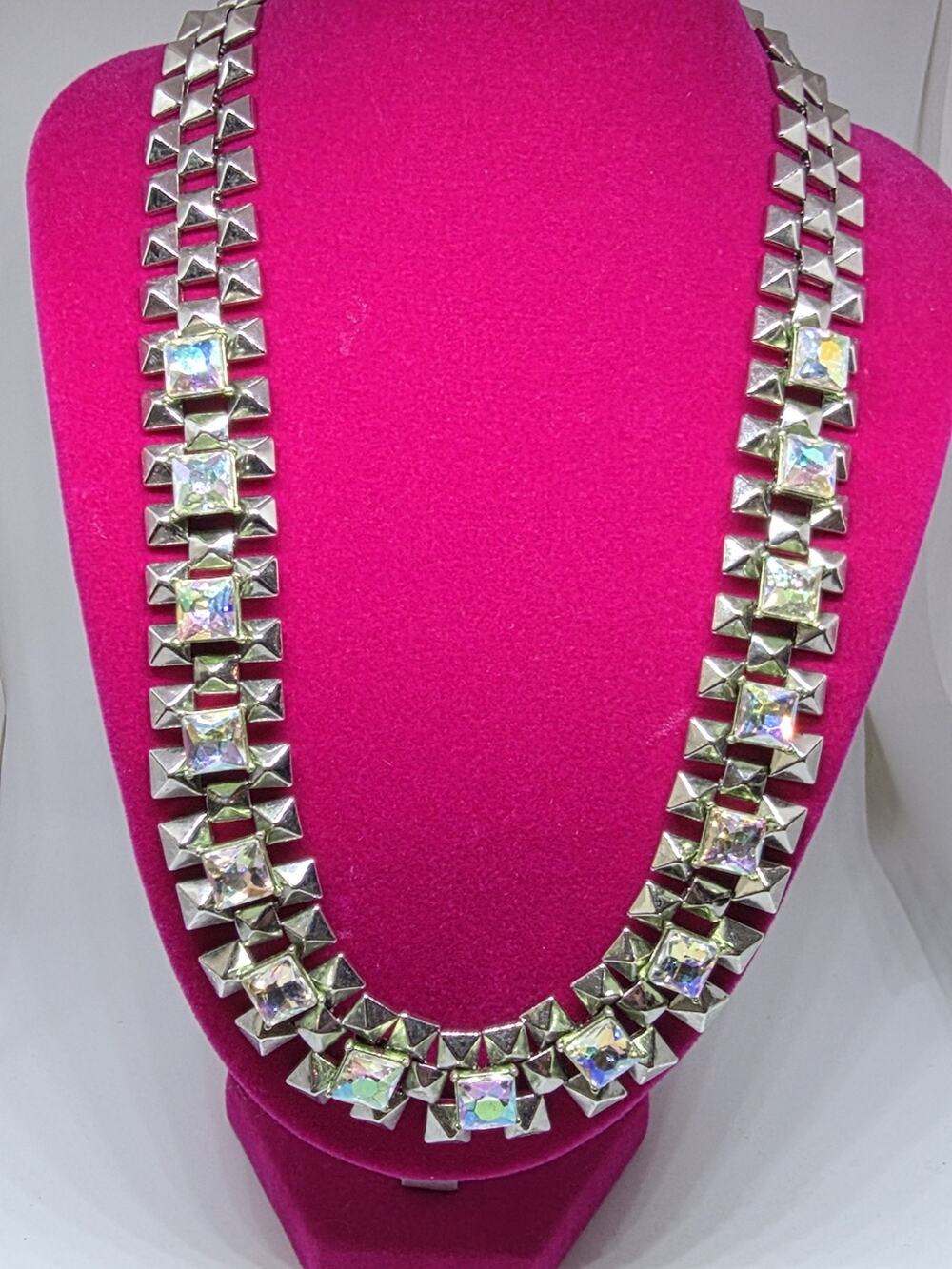 J Crew AB Square Glass Rhinestone Silvertone Statement Necklace 19" Adjustable
